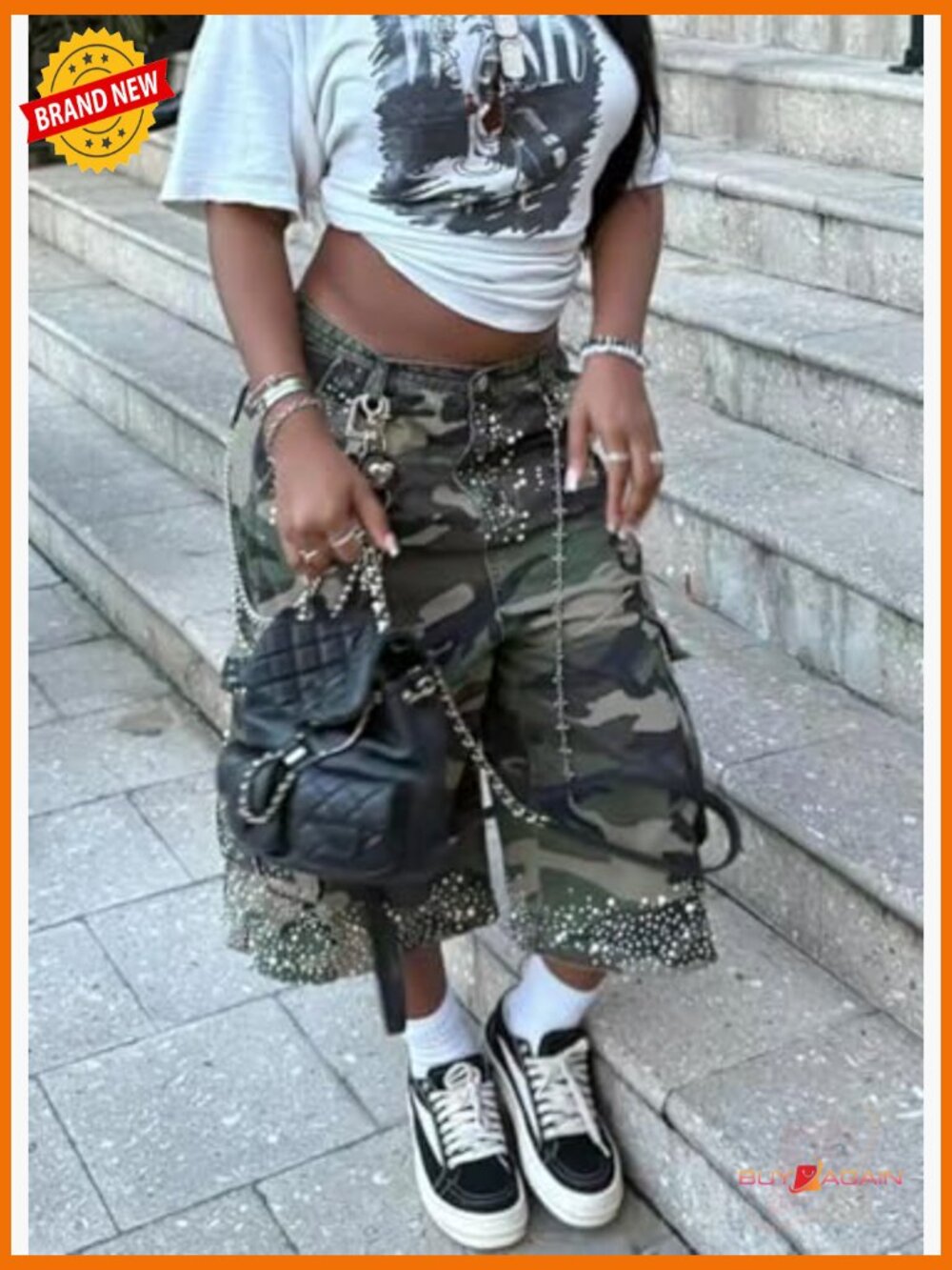 High Waist Camo Cargo Pants Loose Wide Leg Pearl Denim Jean Shorts - Picture 3 of 5